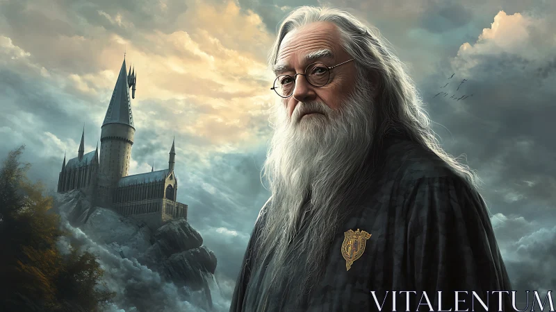 Wise old wizard gazes over a misty castle in the clouds