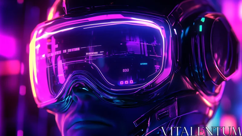 Neon cyberpunk visor reflects holographic city grid.