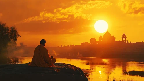 Monk in silhouette meditates beside river under luminous orange sunset