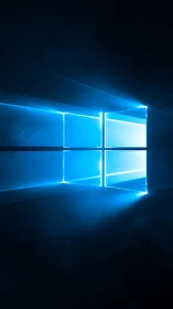 Blue illuminated window logo on dark abstract background.