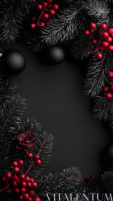 Black background frames dark pine wreath with red berries
