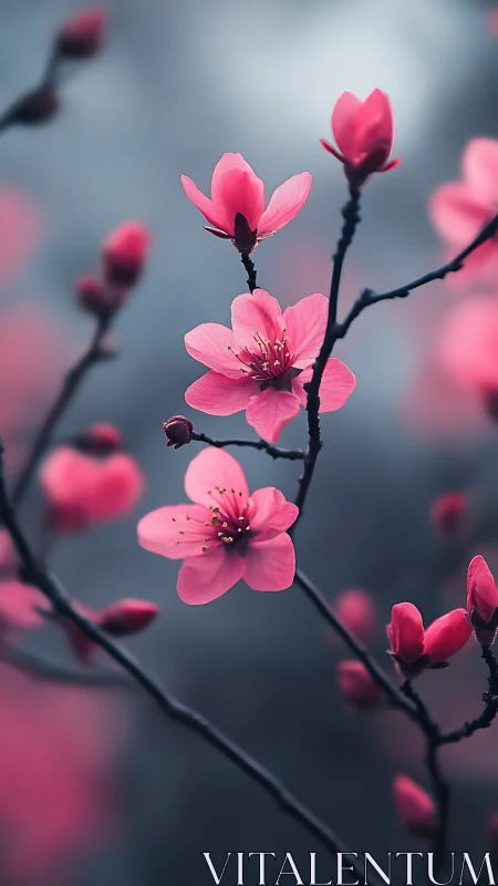 Pink Blossoms on Dark Branches: Spring Bloom Detail.