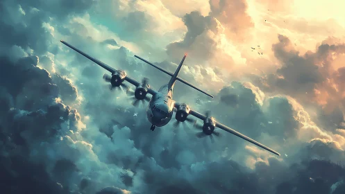 Propeller military aircraft cutting through storm clouds.