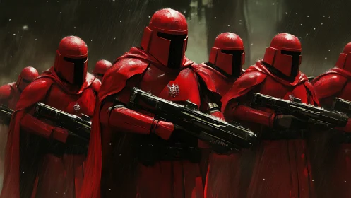 Crimson legion marches through rainlit dystopian wilderness.