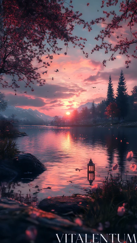 Serene lakeside sunset glows beneath cherry blossoms in bloom
