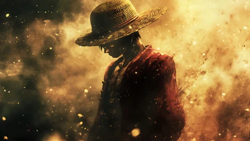 Straw hat anime figure in smoky golden backlight scene.