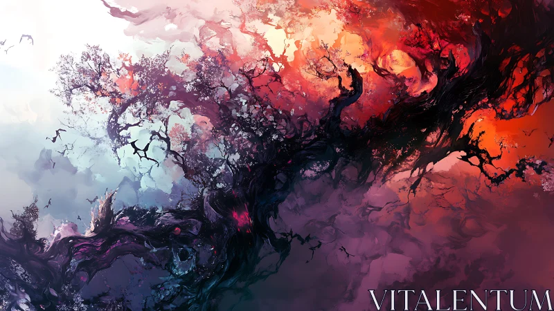 Storm of glowing branches drifts between fire and twilight skies