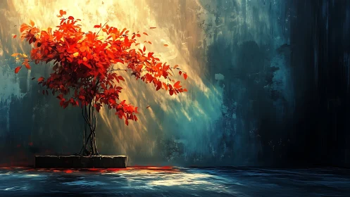 Red bonsai tree under dramatic light in abstract room.
