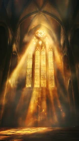Golden light floods gothic cathedral hall in sacred silence