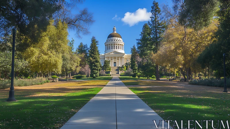 Sunlit capitol dome crowns a tree-lined civic promenade
