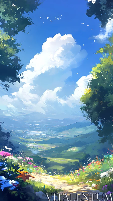 Sunny valley path opening onto bright wildflower meadows.