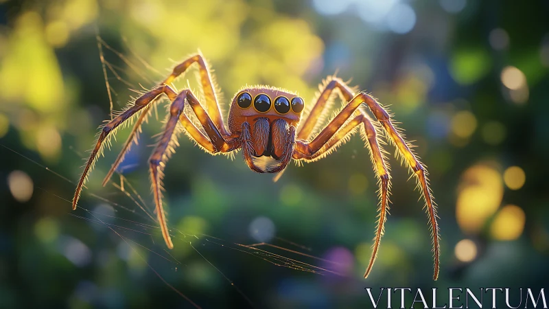 Sunlit jumpy spider drifts on golden threads of morning.