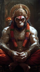 Radiant warrior-ascetic Hanuman seated in emberlit stillness.