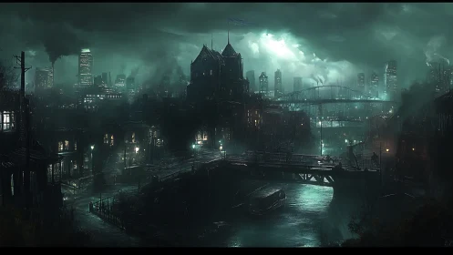 Rain-soaked dystopian cityscape under storm-lit sky.