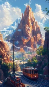 Mountain tramway beneath luminous jagged sandstone peaks.