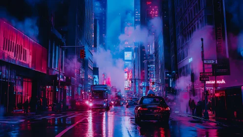 Neon lit city street at night with traffic and steam.