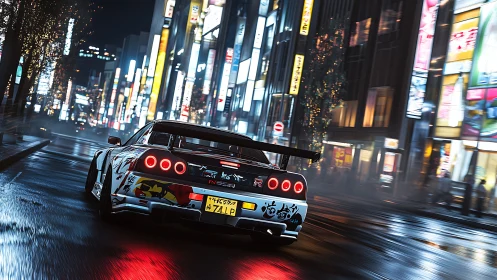 Night drift supercar in neon-lit Tokyo street perspective.