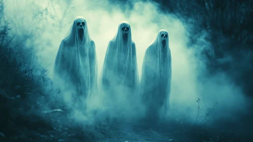 Triad of howling phantoms haunting a fog-drowned path.