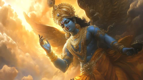 Blue-skinned winged deity figure appears amid dense clouds