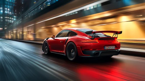 Red sports car races through a glowing city night street