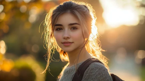 Young woman stands outdoors in warm sunset backlight glow