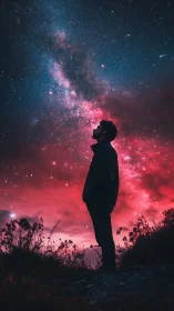 Silhouetted figure under red and blue star-filled night sky.