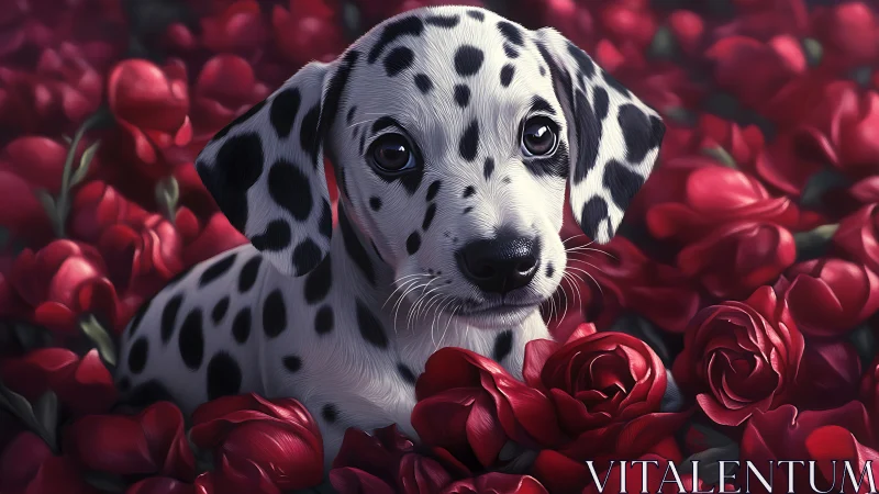 Dalmatian puppy immersed in saturated crimson floral field.