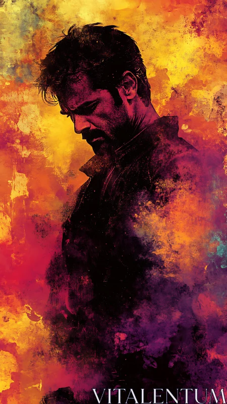 Brooding portrait glows against fiery, expressive colors