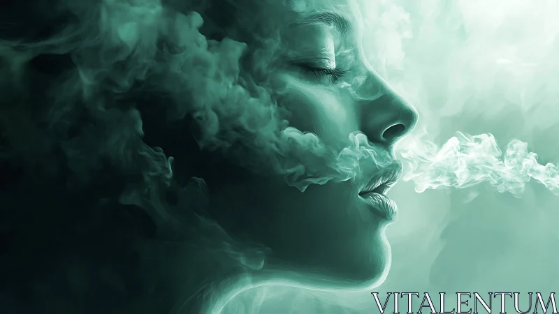 Female profile in swirling smoke on teal mist background.