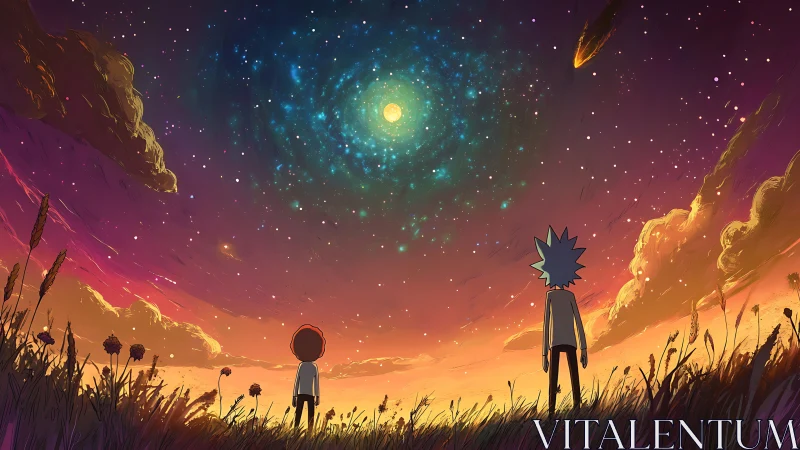 Animated duo observe spiral galaxy in radiant multicolor sunset sky