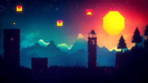 Neon pixel towers glow beneath a giant geometric sun