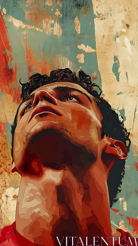 Upward gaze of resolve against weathered urban colorfields.