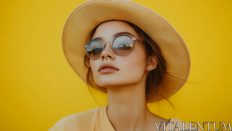 Sunlit woman in hat and sunglasses against vibrant yellow.