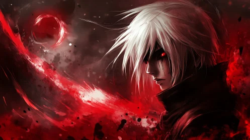 White-haired antihero glares through crimson inferno storm.