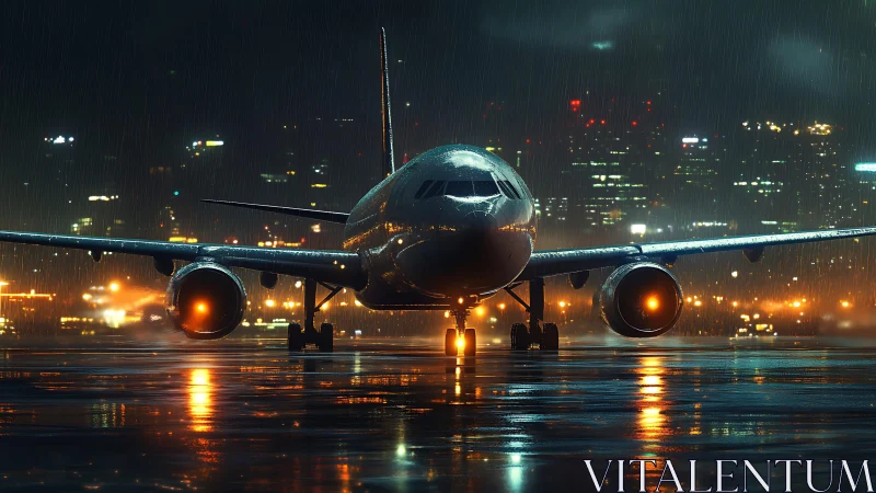 Commercial jet stands on wet runway at night in rainfall