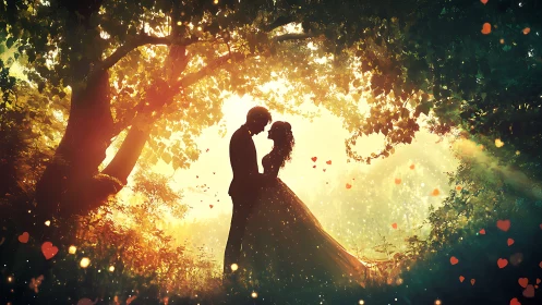 Romantic Couple Silhouette Under Golden Autumn Trees.