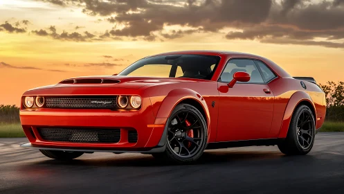 Red two door sports coupe on open road at sunset landscape.