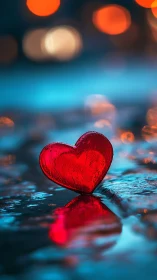 Red Glass Heart Reflected on Wet Surface Against Bokeh