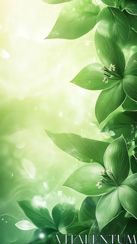 Luminous green foliage with stylized petals and bokeh glow.
