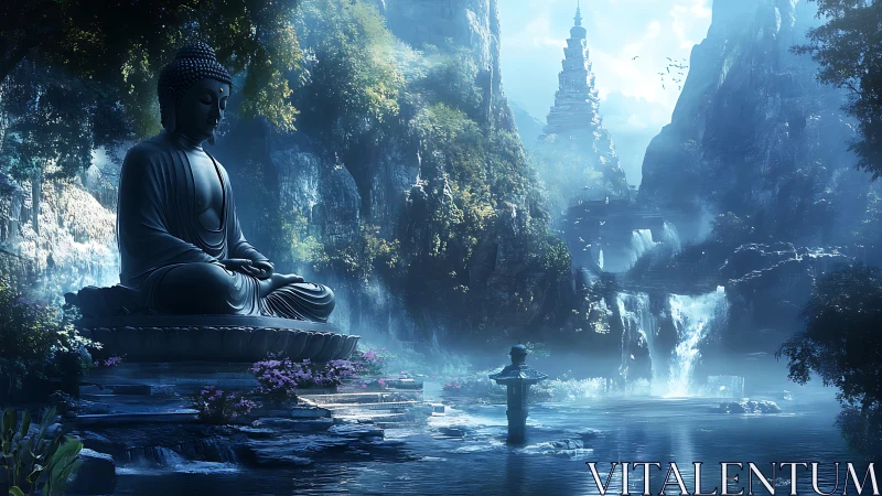 Buddha statue by misty waterfalls in mountainous valley.