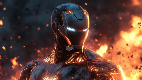 Molten-armored sentinel gazes calmly through cascading firestorm