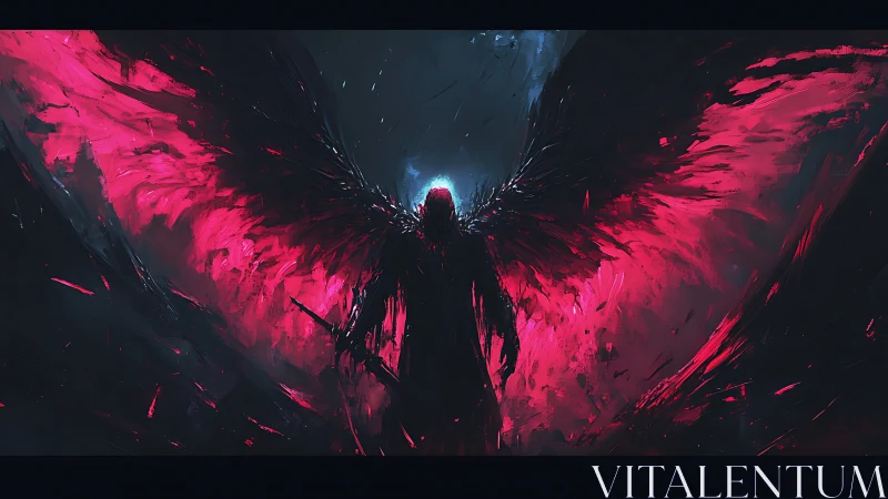 Crimson winged fallen angel silhouette in stormlit darkness