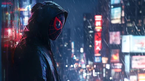 Masked figure leans against wet wall in neon city rain