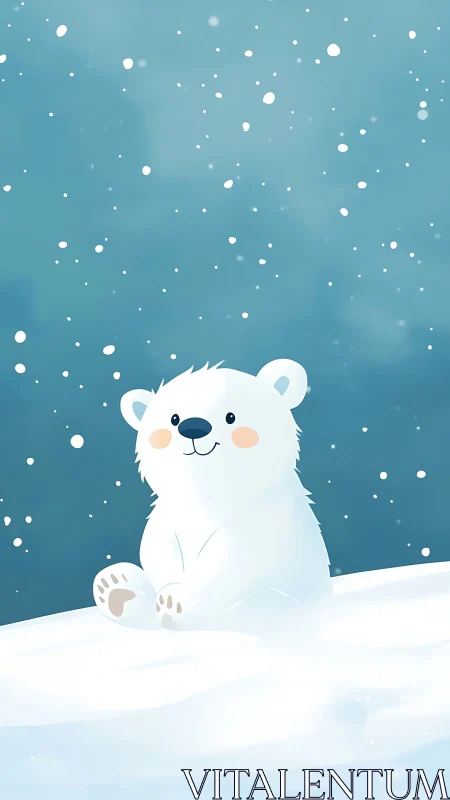 Playful baby polar bear smiles beneath drifting winter snow.