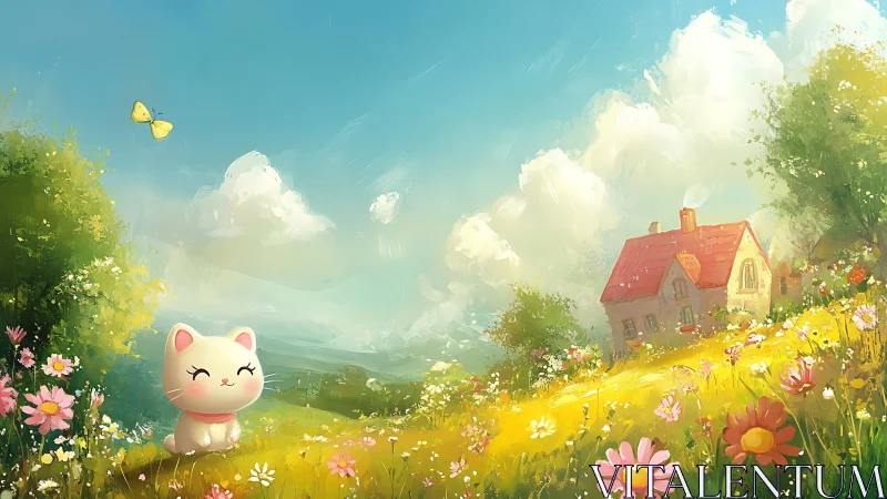 Pastel-rendered cat figurine in luminous meadow landscape.