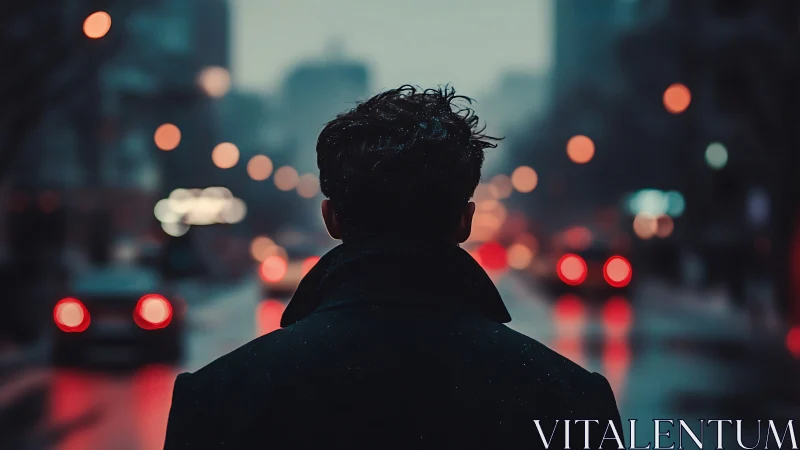 Solitary figure walks through neon lit winter city street.