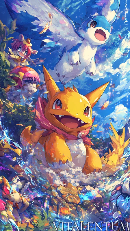 Joyful elemental creatures leap into a bright sky adventure