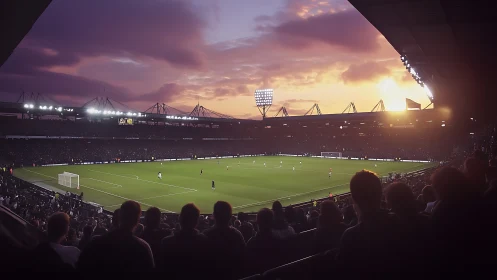 Floodlit football stadium under stratified sunset sky panorama.