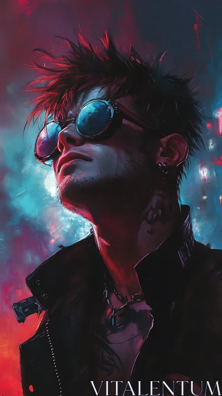 Neon-drenched rebel savors the glow of a stormy skyline