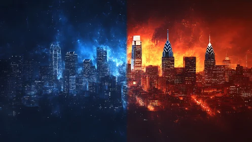 City of ember and frost split by an electric twilight veil.